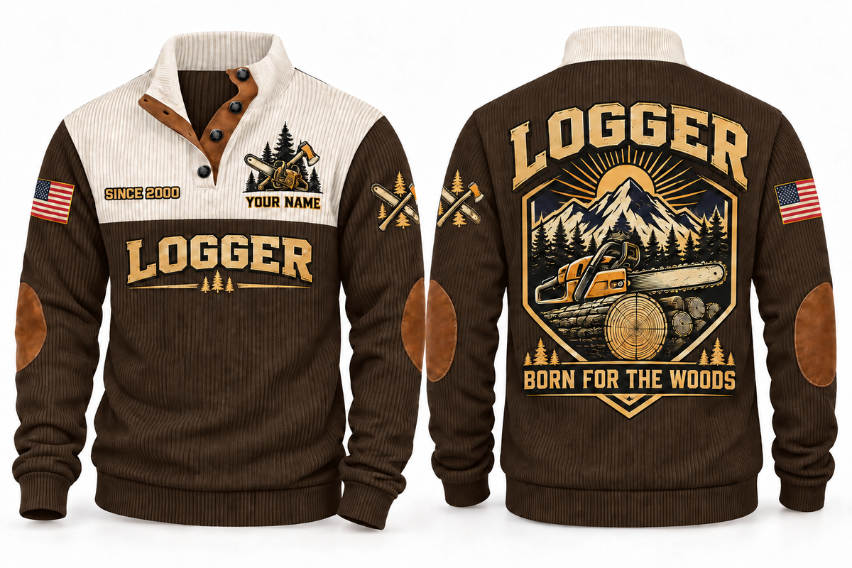 Logger Born for the Woods Sports Sweatshirt in Brown, front and back