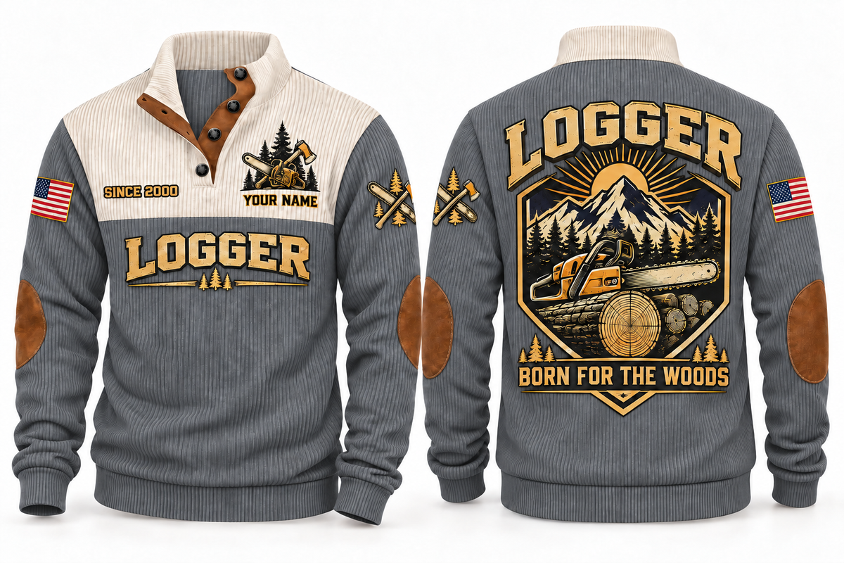 Logger Born for the Woods Sports Sweatshirt in Grey, front and back