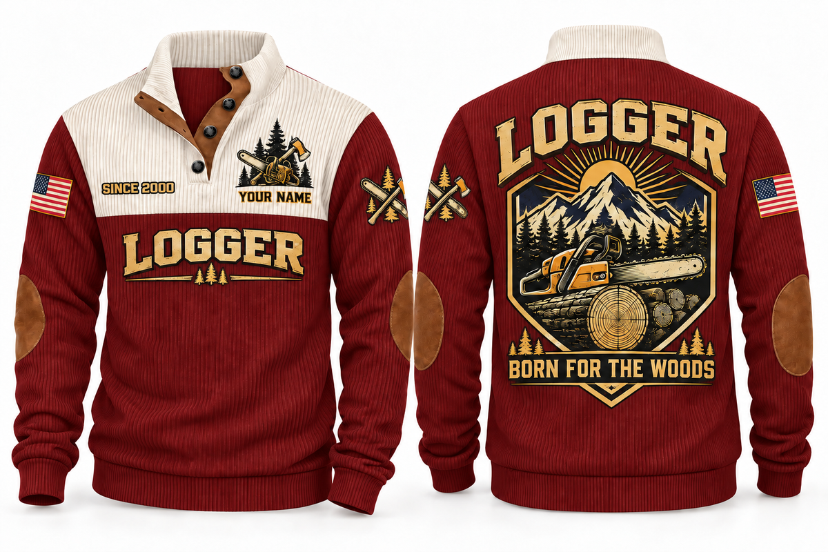 Logger Born for the Woods Sports Sweatshirt in Jujube Red, front and back