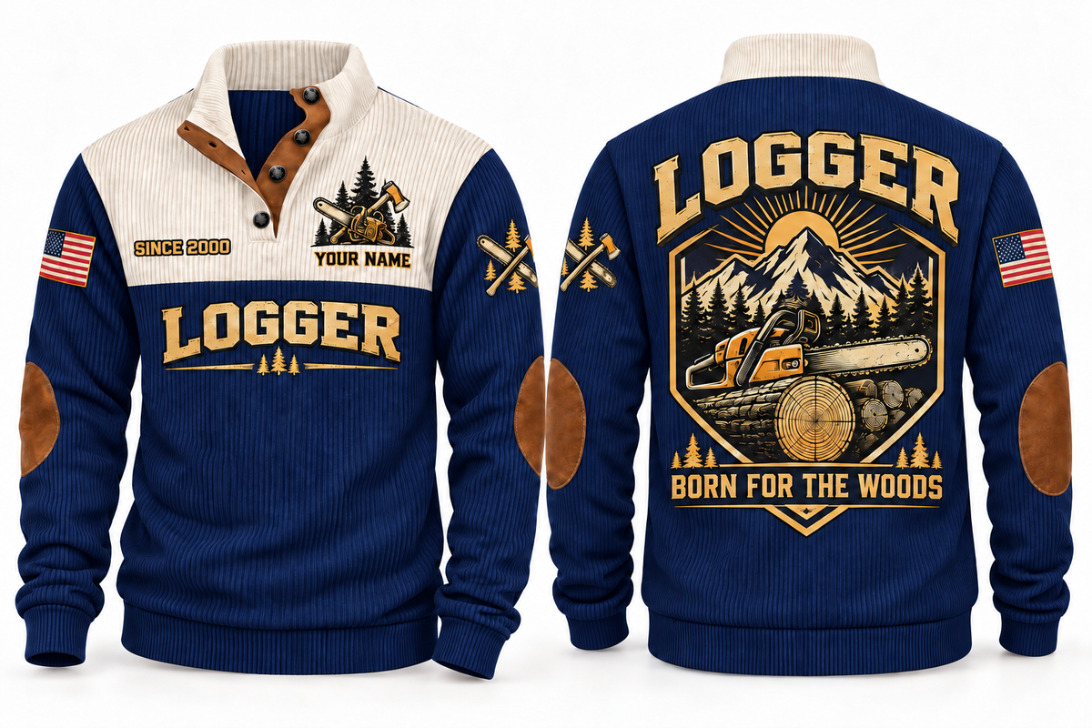 Logger Born for the Woods Sports Sweatshirt in Navy, front and back