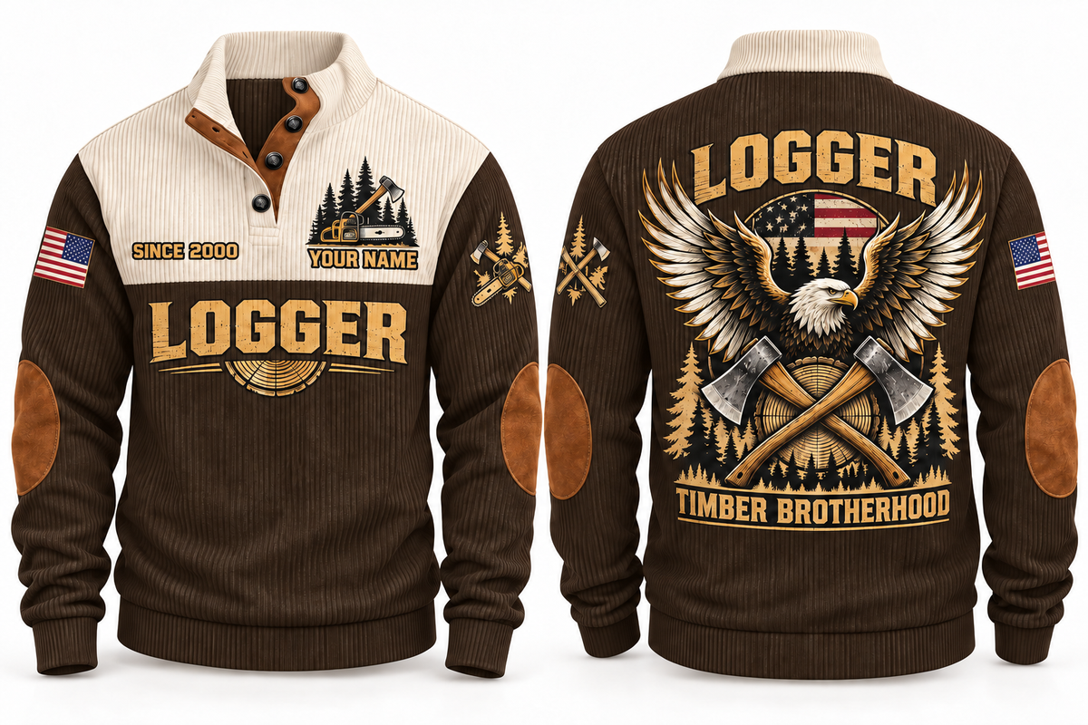 Logger Timber Brotherhood Sports Sweatshirt in Brown, front and back
