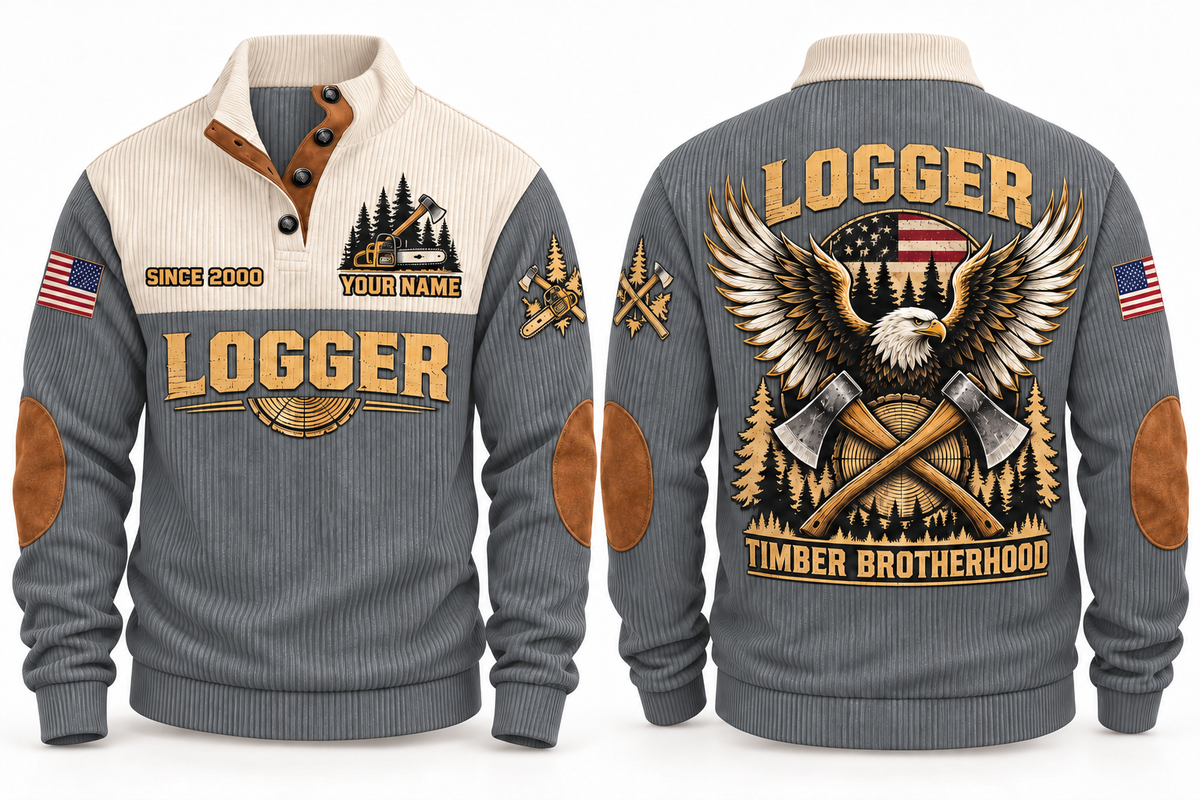 Logger Timber Brotherhood Sports Sweatshirt in Grey, front and back