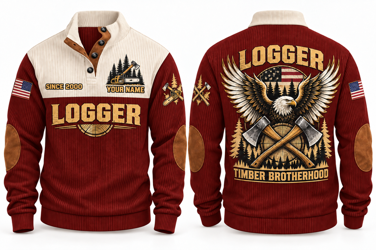 Logger Timber Brotherhood Sports Sweatshirt in Jujube Red, front and back