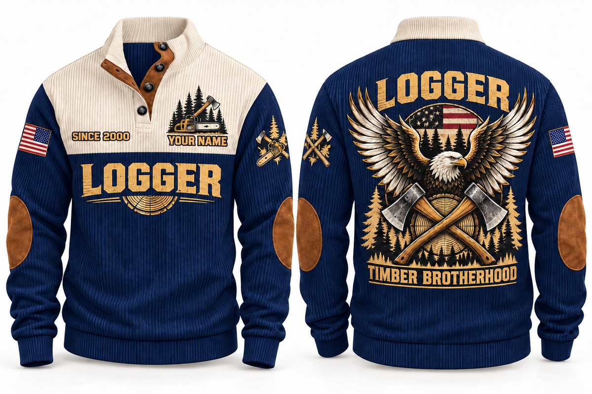 Logger Timber Brotherhood Sports Sweatshirt in Navy, front and back