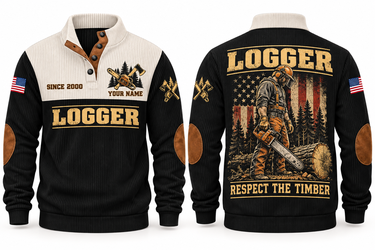 Logger Respect the Timber Sports Sweatshirt in Black, front and back