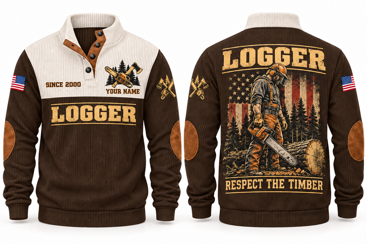 Logger Respect the Timber Sports Sweatshirt in Brown, front and back