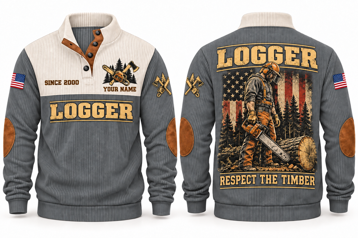 Logger Respect the Timber Sports Sweatshirt in Grey, front and back