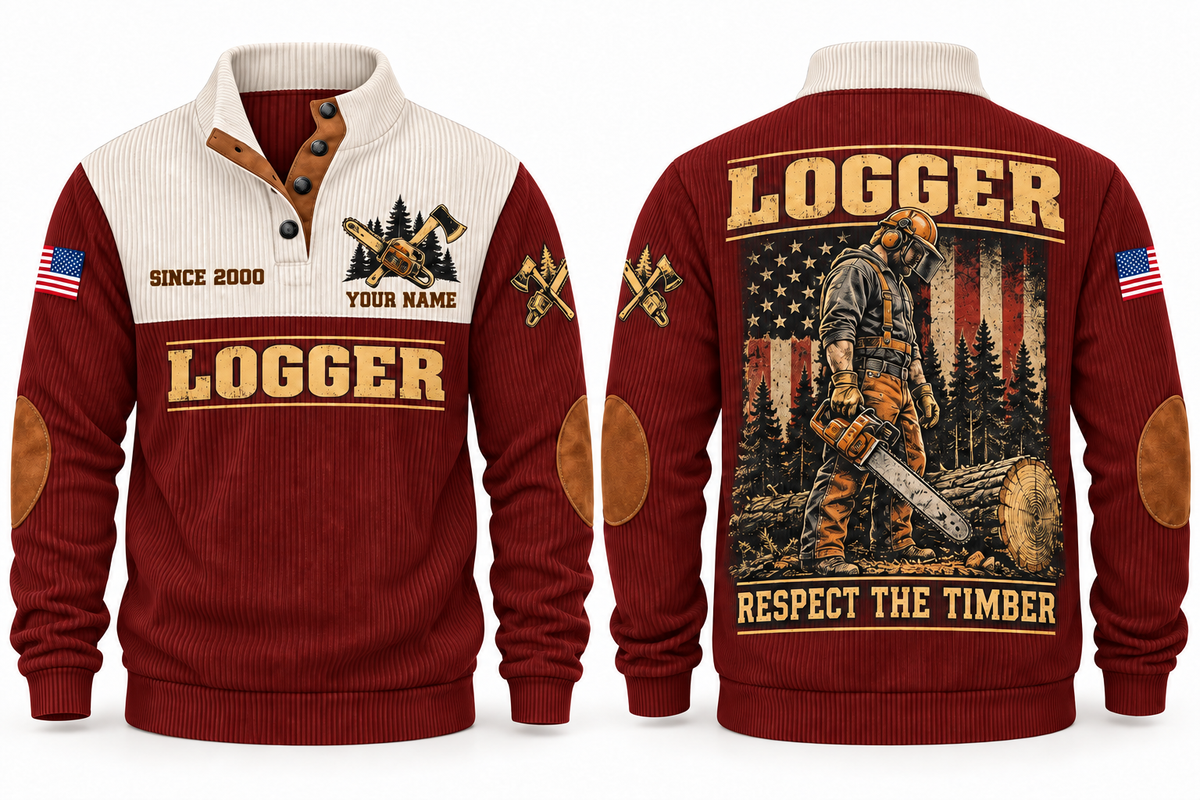 Logger Respect the Timber Sports Sweatshirt in Jujube Red, front and back