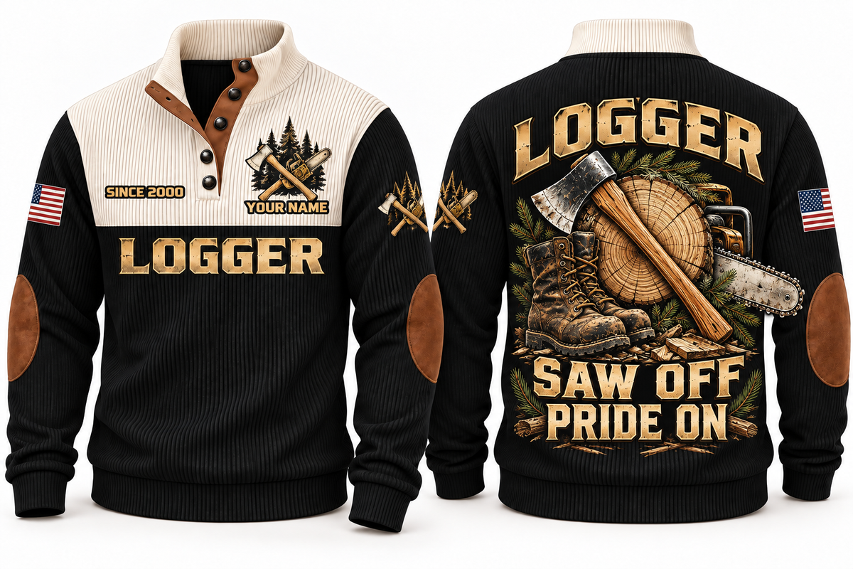 Logger Saw Off Pride On Sports Sweatshirt in Black, front and back
