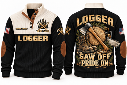Logger Saw Off Pride On Sports Sweatshirt in Black, front and back
