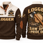 Logger Saw Off Pride On Sports Sweatshirt in Brown, front and back
