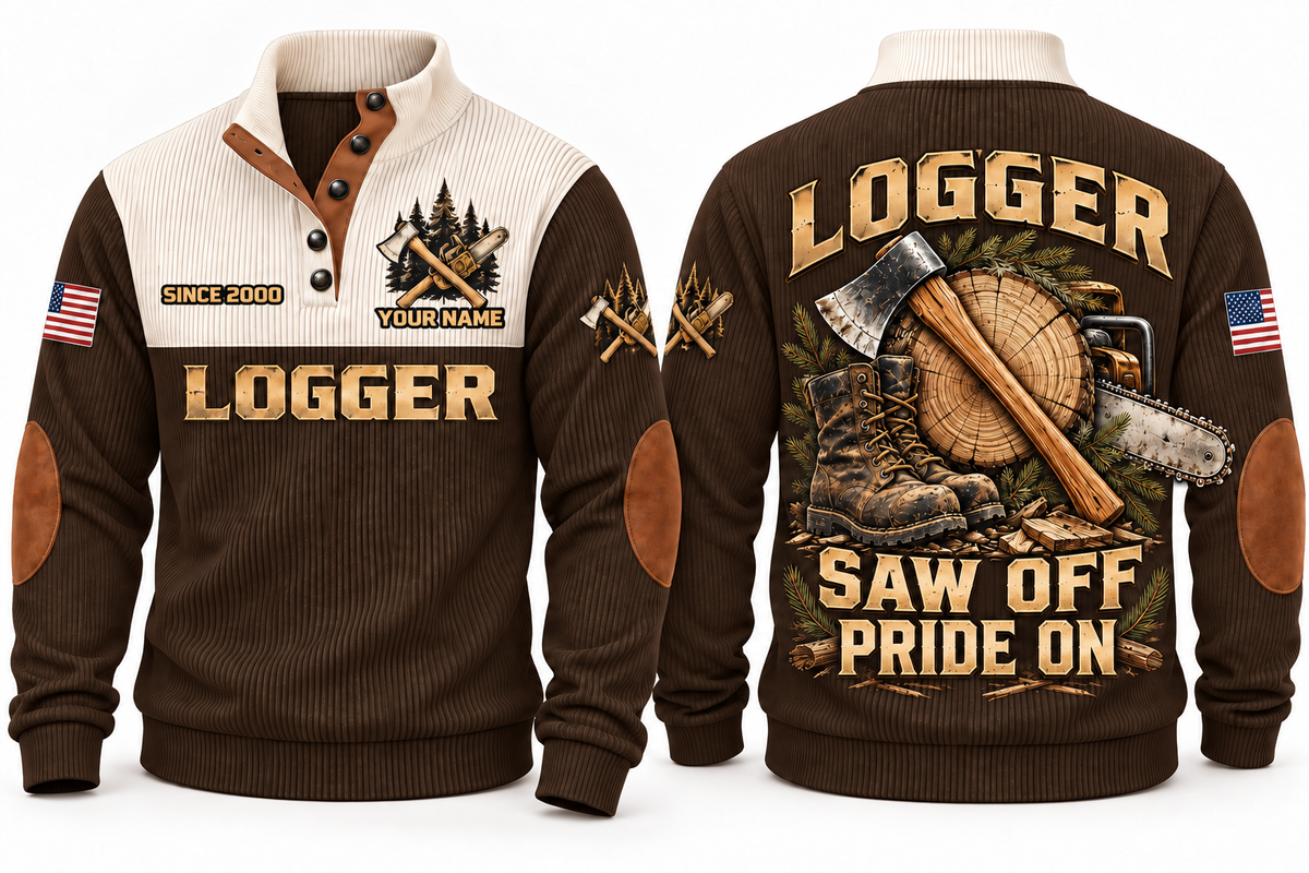 Logger Saw Off Pride On Sports Sweatshirt in Brown, front and back
