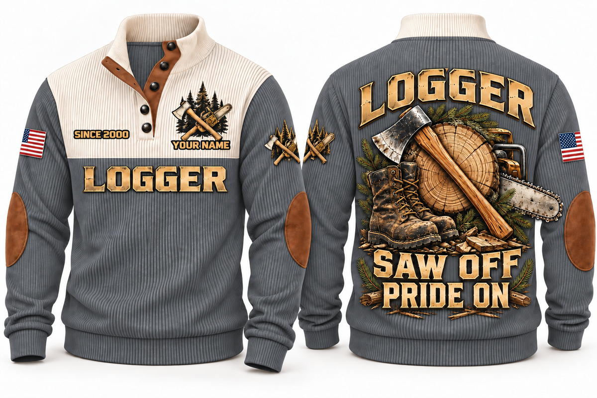 Logger Saw Off Pride On Sports Sweatshirt in Grey, front and back