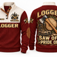 Logger Saw Off Pride On Sports Sweatshirt in Jujube Red, front and back