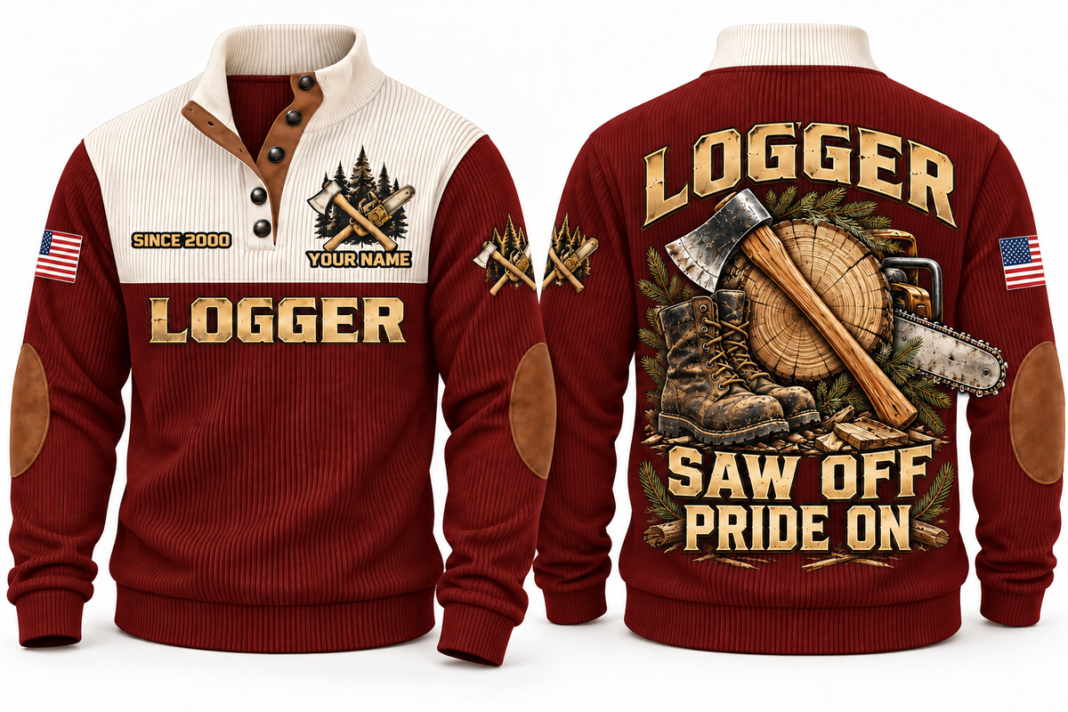 Logger Saw Off Pride On Sports Sweatshirt in Jujube Red, front and back