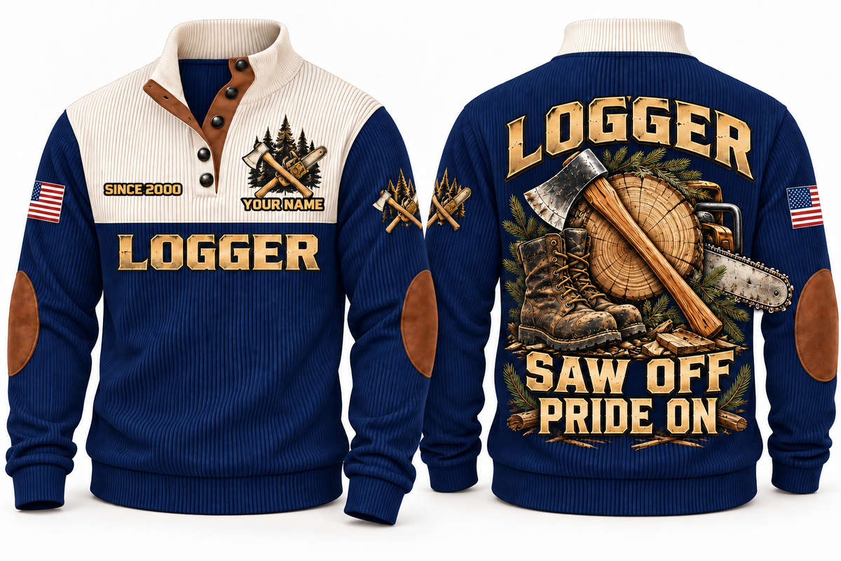 Logger Saw Off Pride On Sports Sweatshirt in Navy, front and back