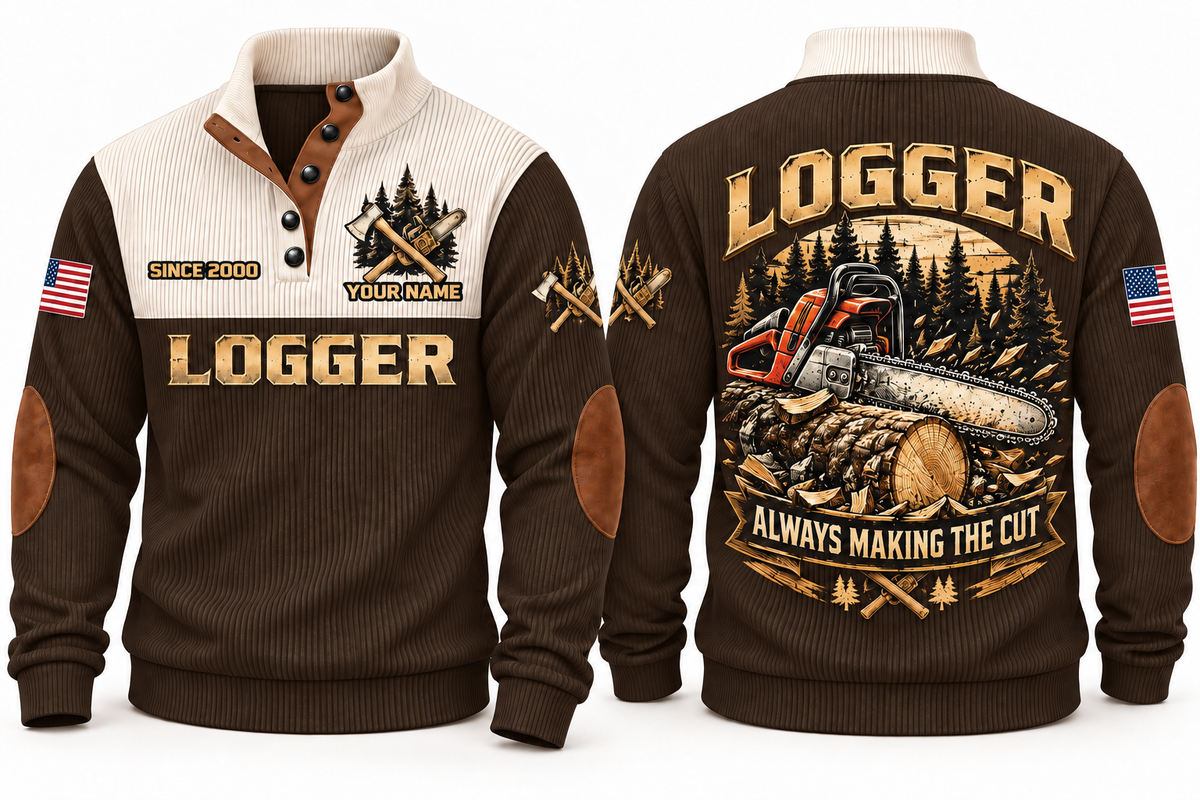 Logger Making the Cut Sports Sweatshirt in Brown, front and back