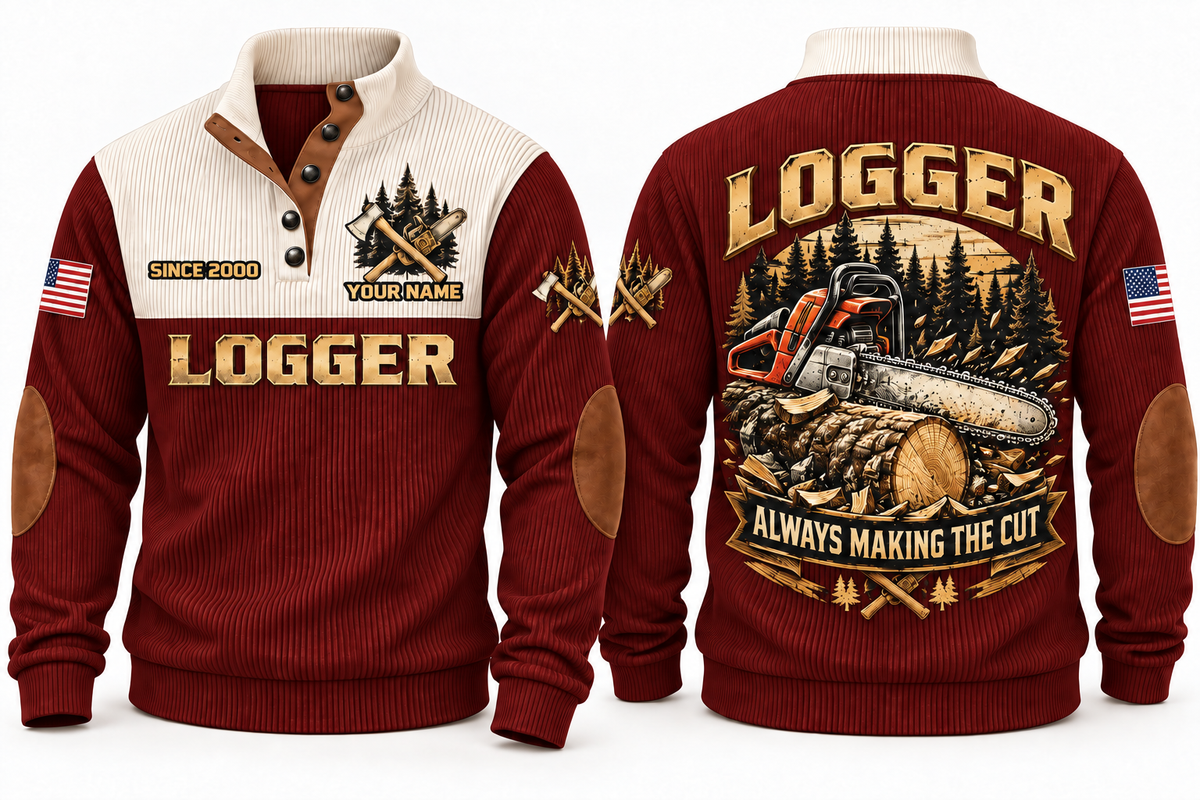 Logger Making the Cut Sports Sweatshirt in Jujube Red, front and back