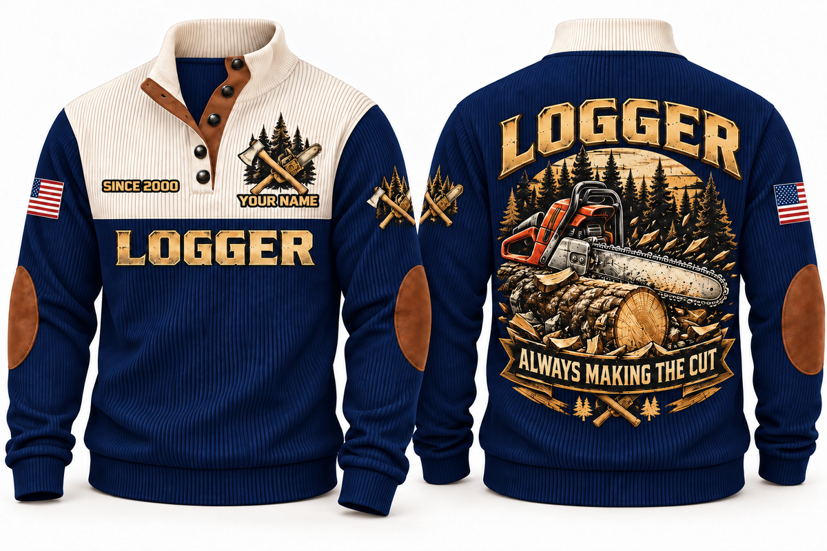 Logger Making the Cut Sports Sweatshirt in Navy, front and back