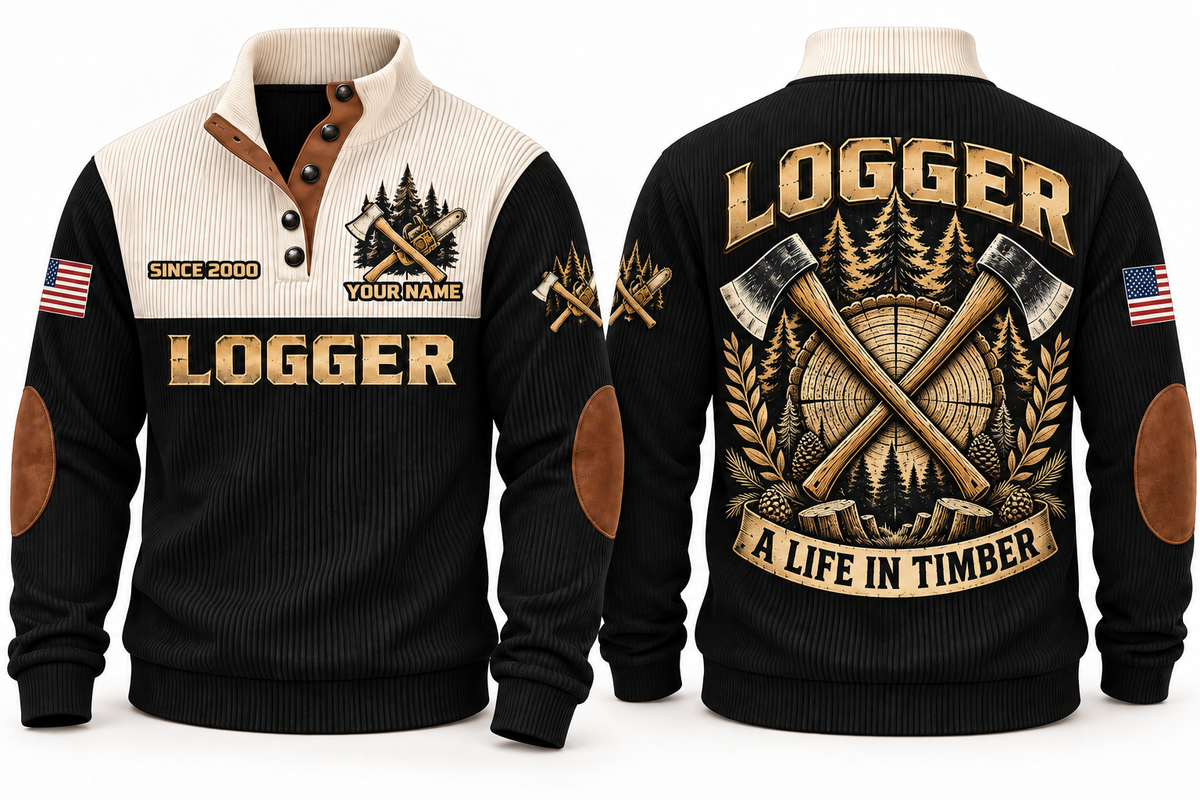 Logger A Life in Timber Sports Sweatshirt in Black, front and back