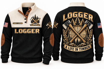 Logger A Life in Timber Sports Sweatshirt in Black, front and back