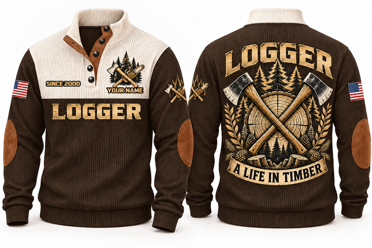 Logger A Life in Timber Sports Sweatshirt in Brown, front and back