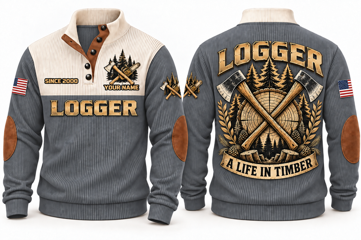 Logger A Life in Timber Sports Sweatshirt in Grey, front and back