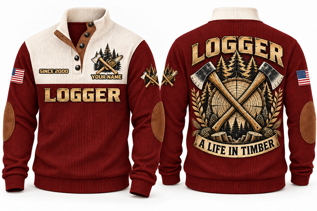 Logger A Life in Timber Sports Sweatshirt in Jujube Red, front and back