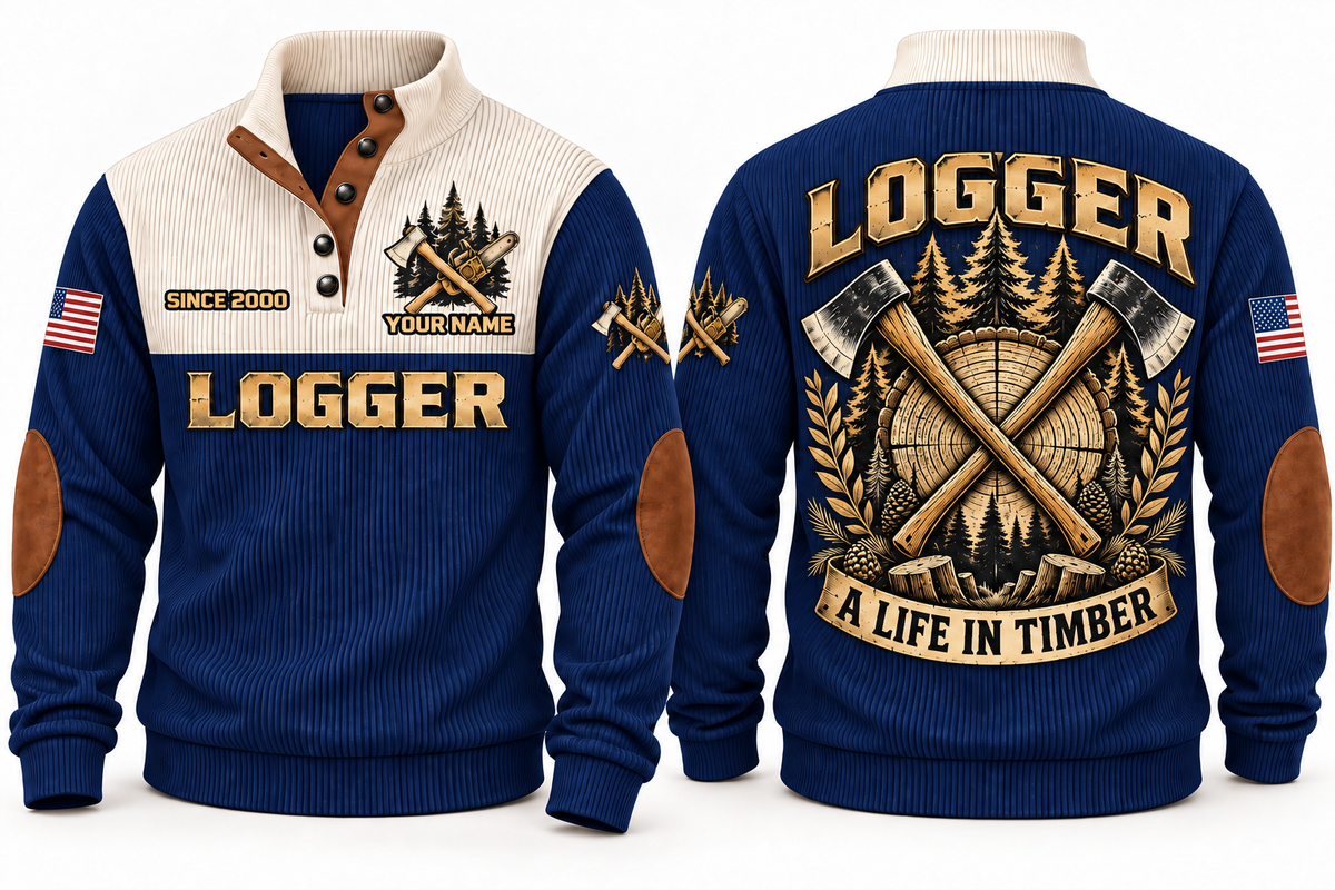 Logger A Life in Timber Sports Sweatshirt in Navy, front and back