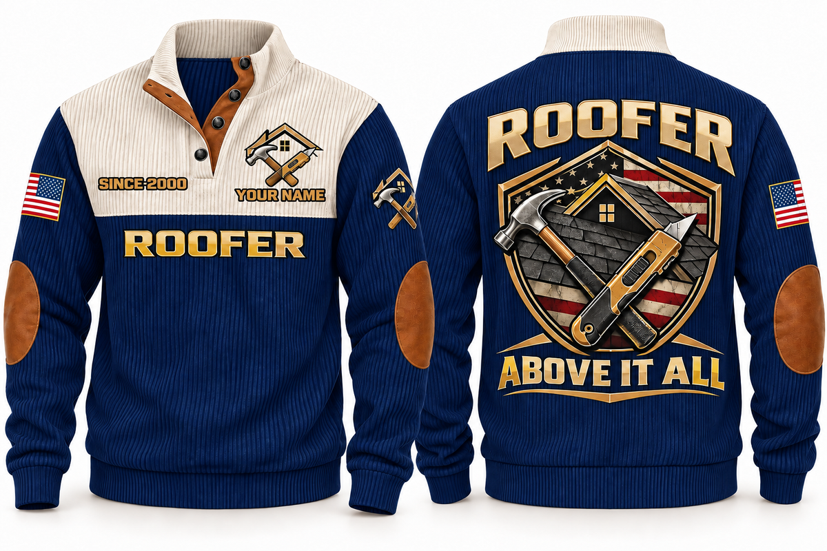 Roofer Above It All Sports Sweatshirt in Navy, front and back