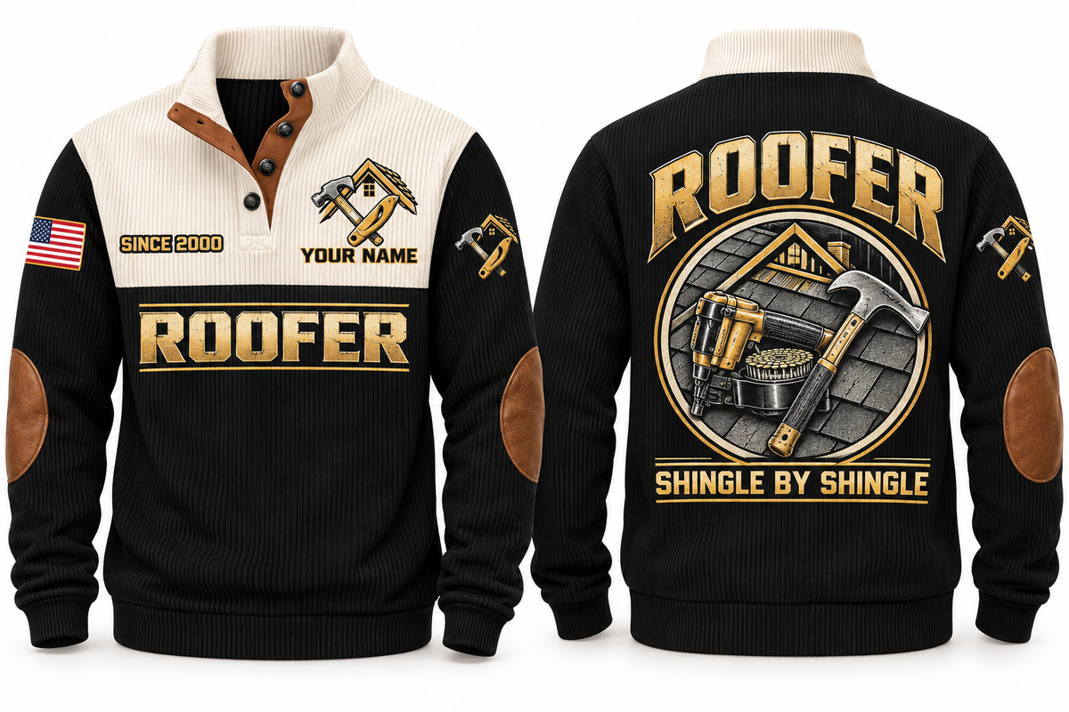 Roofer Shingle by Shingle Sports Sweatshirt in Black, front and back