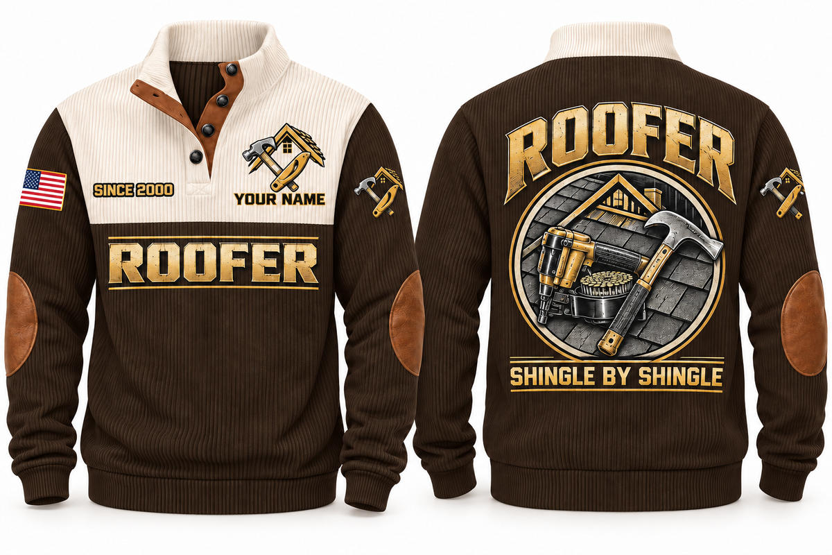 Roofer Shingle by Shingle Sports Sweatshirt in Brown, front and back