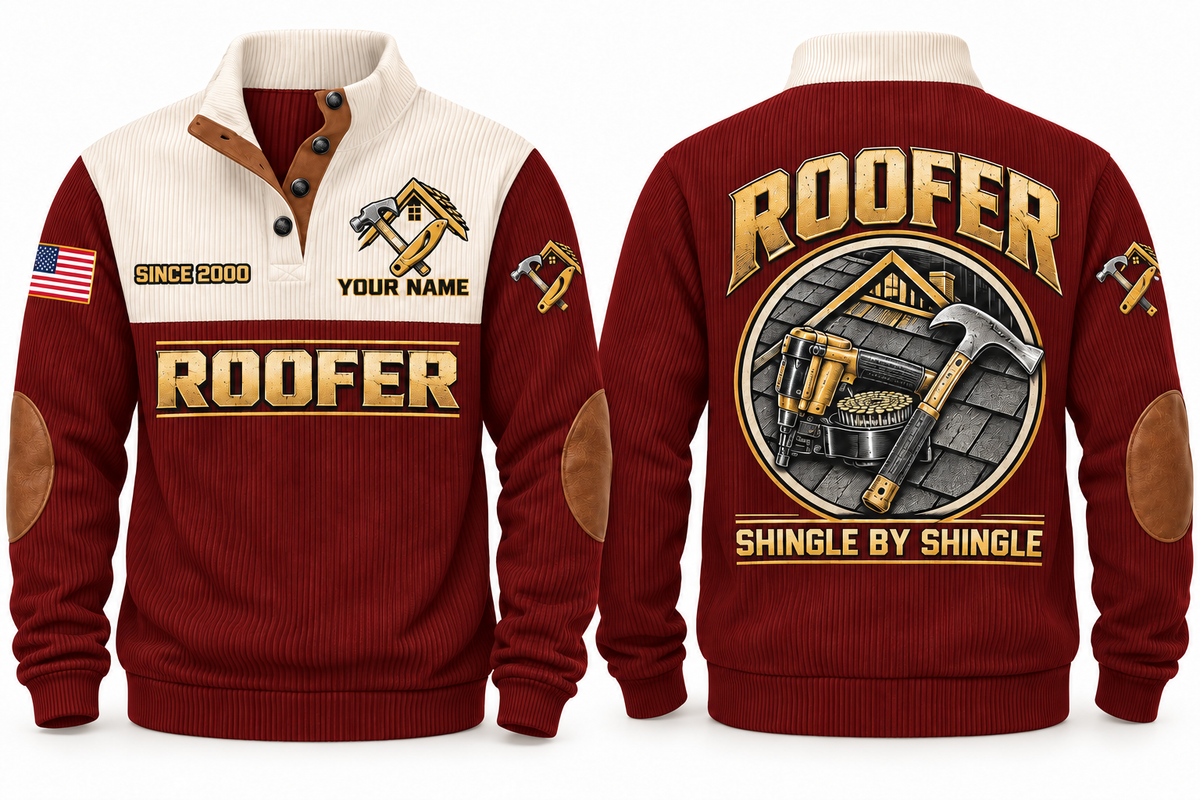 Roofer Shingle by Shingle Sports Sweatshirt in Jujube Red, front and back