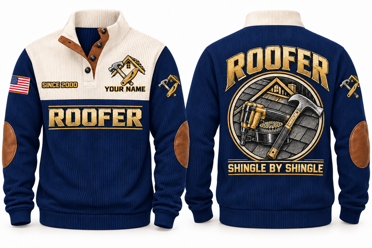 Roofer Shingle by Shingle Sports Sweatshirt in Navy, front and back