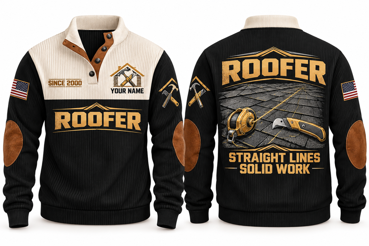 Roofer Straight Lines Sports Sweatshirt in Black, front and back