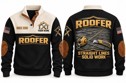 Roofer Straight Lines Sports Sweatshirt in Black, front and back
