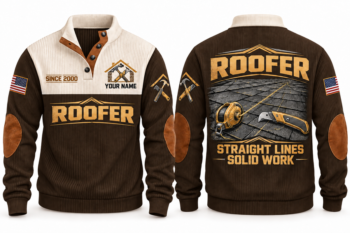 Roofer Straight Lines Sports Sweatshirt in Brown, front and back