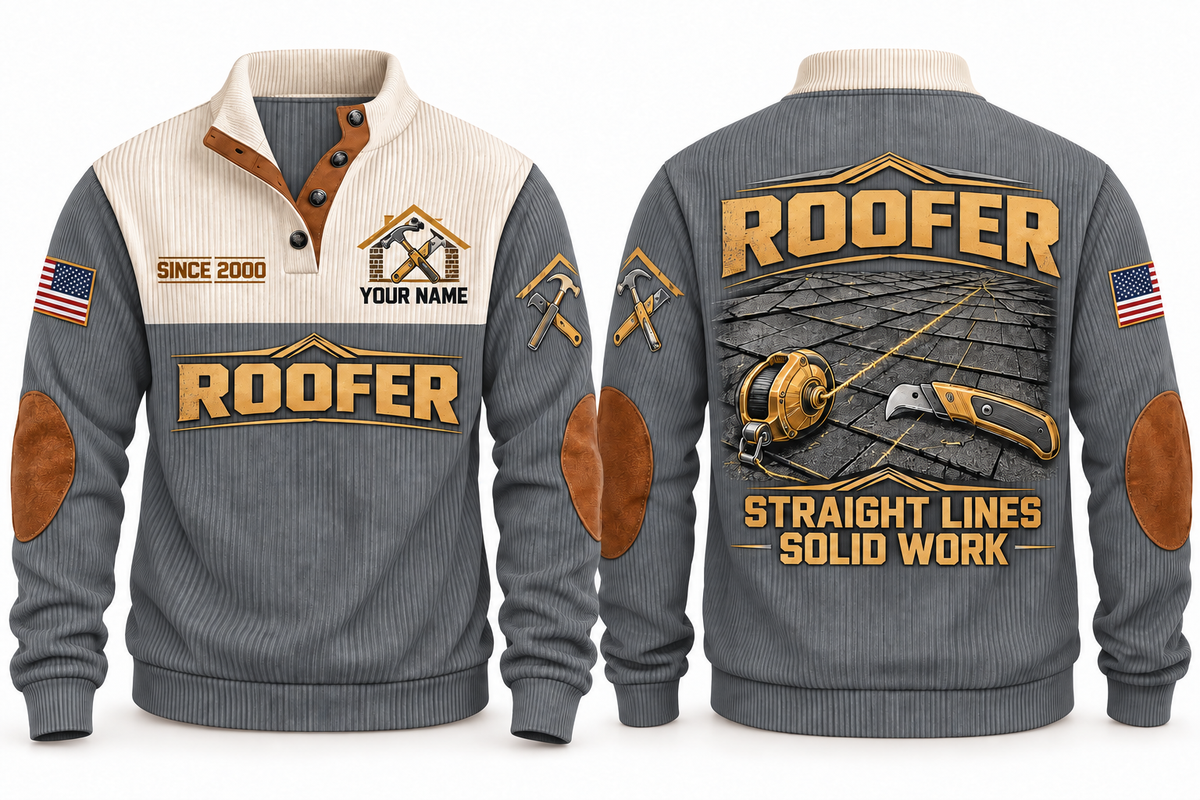 Roofer Straight Lines Sports Sweatshirt in Grey, front and back