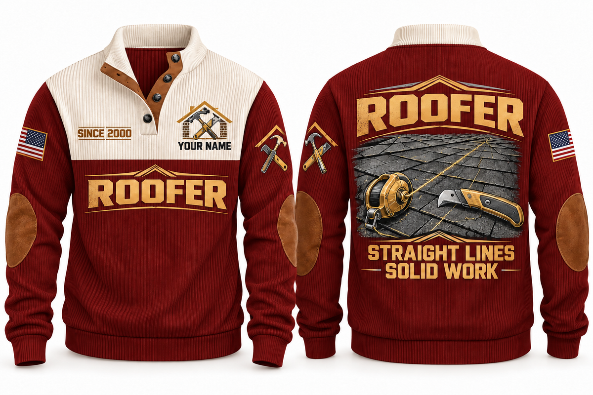 Roofer Straight Lines Sports Sweatshirt in Jujube Red, front and back