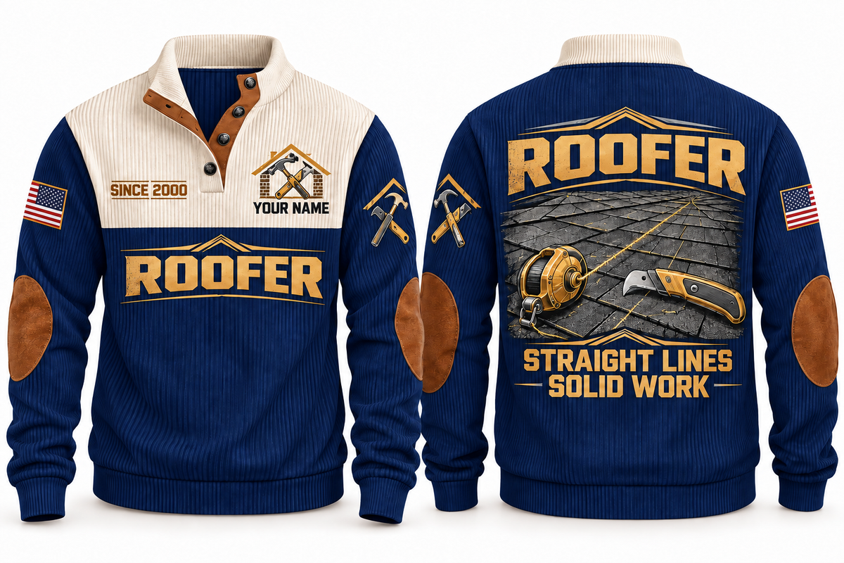 Roofer Straight Lines Sports Sweatshirt in Navy, front and back