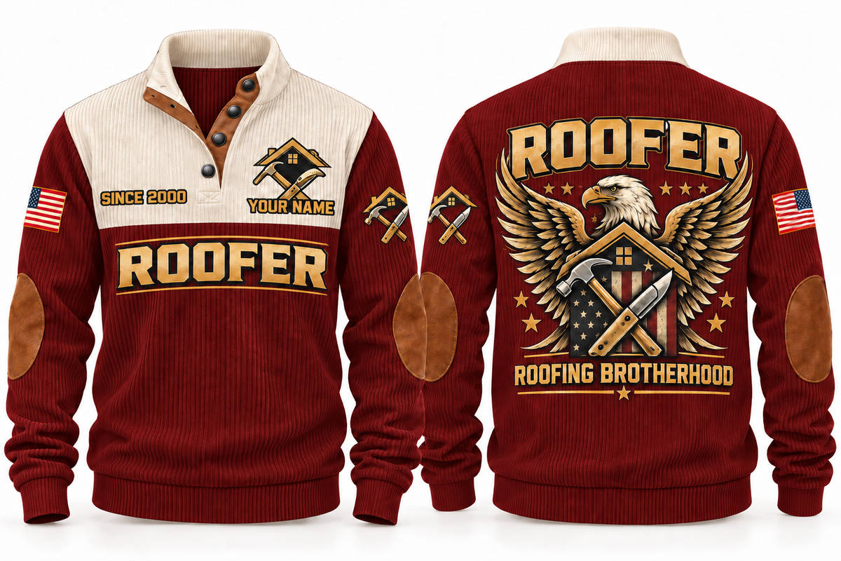 Roofer Roofing Brotherhood Sports Sweatshirt in Jujube Red, front and back