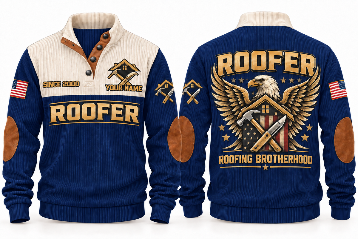 Roofer Roofing Brotherhood Sports Sweatshirt in Navy, front and back