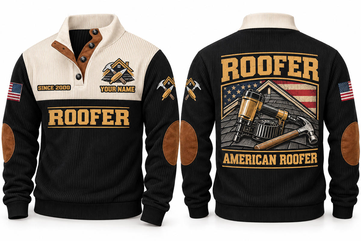 Roofer American Roofer Sports Sweatshirt in Black, front and back