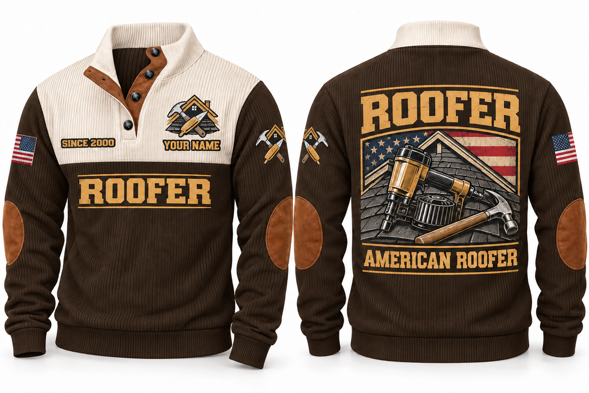 Roofer American Roofer Sports Sweatshirt in Brown, front and back