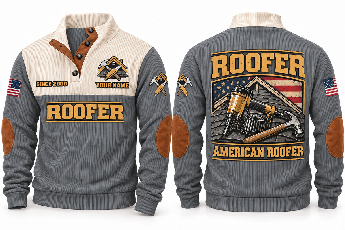Roofer American Roofer Sports Sweatshirt in Grey, front and back