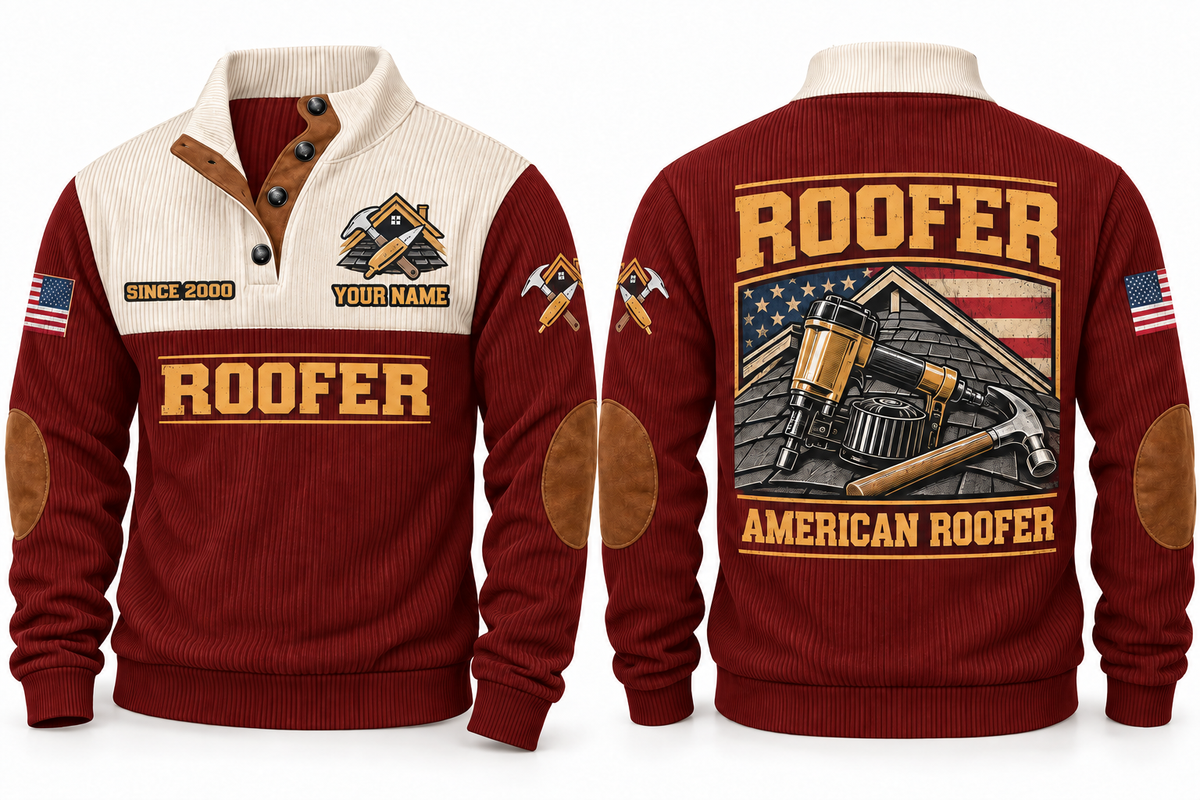 Roofer American Roofer Sports Sweatshirt in Jujube Red, front and back