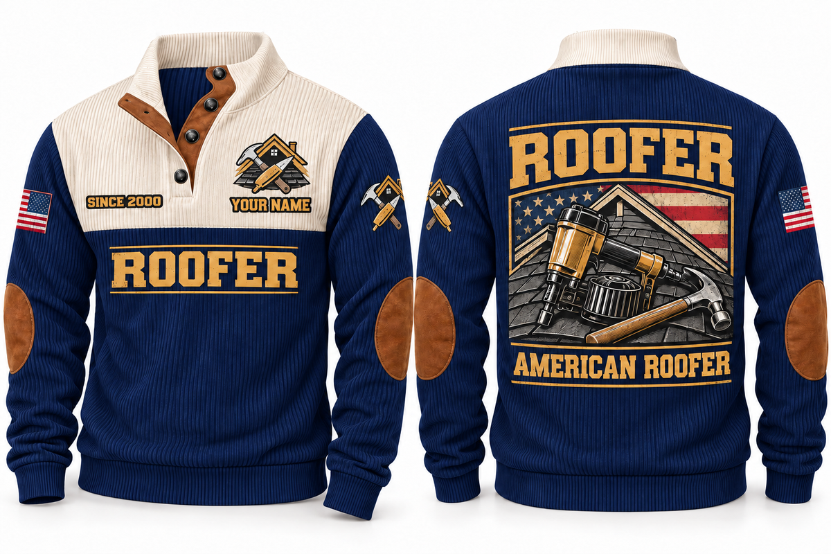 Roofer American Roofer Sports Sweatshirt in Navy, front and back