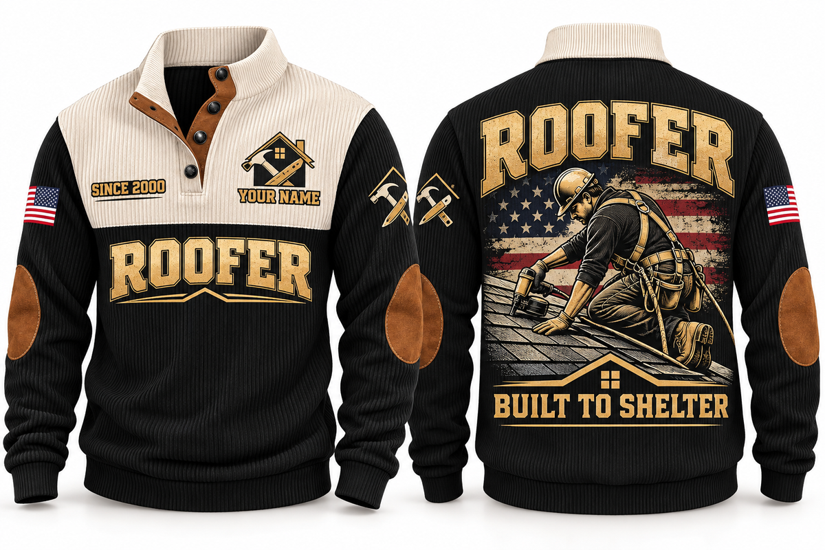 Roofer Built to Shelter Sports Sweatshirt in Black, front and back