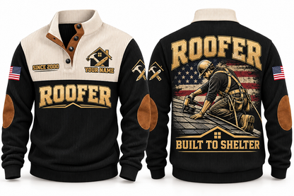 Roofer Built to Shelter Sports Sweatshirt in Black, front and back