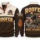 Roofer Built to Shelter Sports Sweatshirt in Brown, front and back